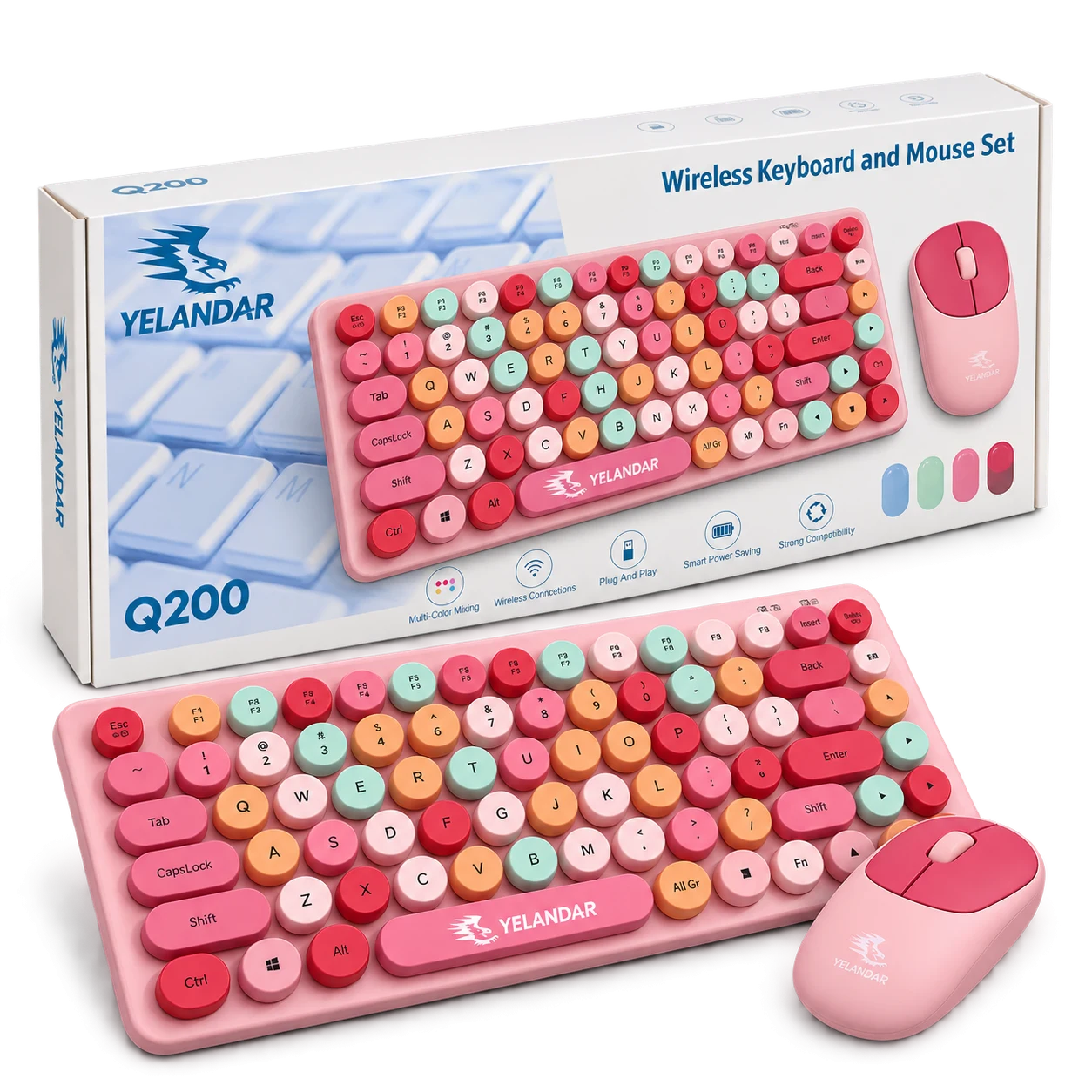 Combo Teclado y Mouse Inalámbrico Retro Rosa Multicolor · foto 1