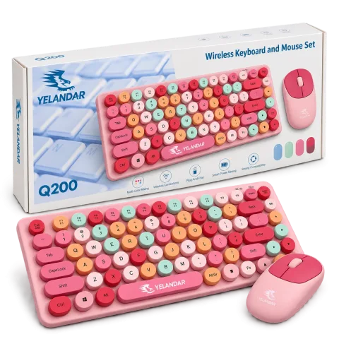 Combo Teclado y Mouse Inalámbrico Retro Rosa Multicolor